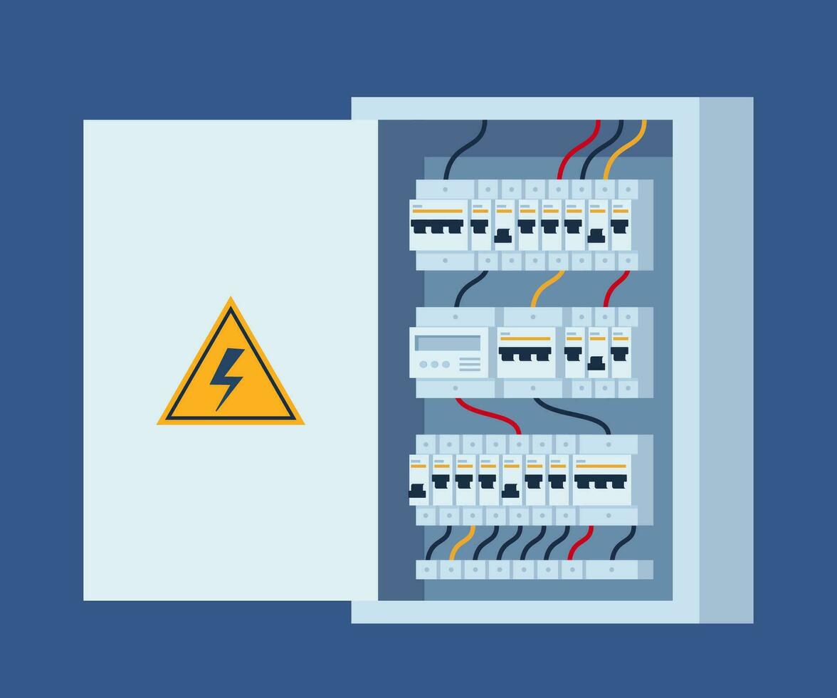 Electrical panel with switches, fuse, contactor, wire, automatic circuit breaker. Stainless steel switchboard box. Power distribution device. Vector illustration.