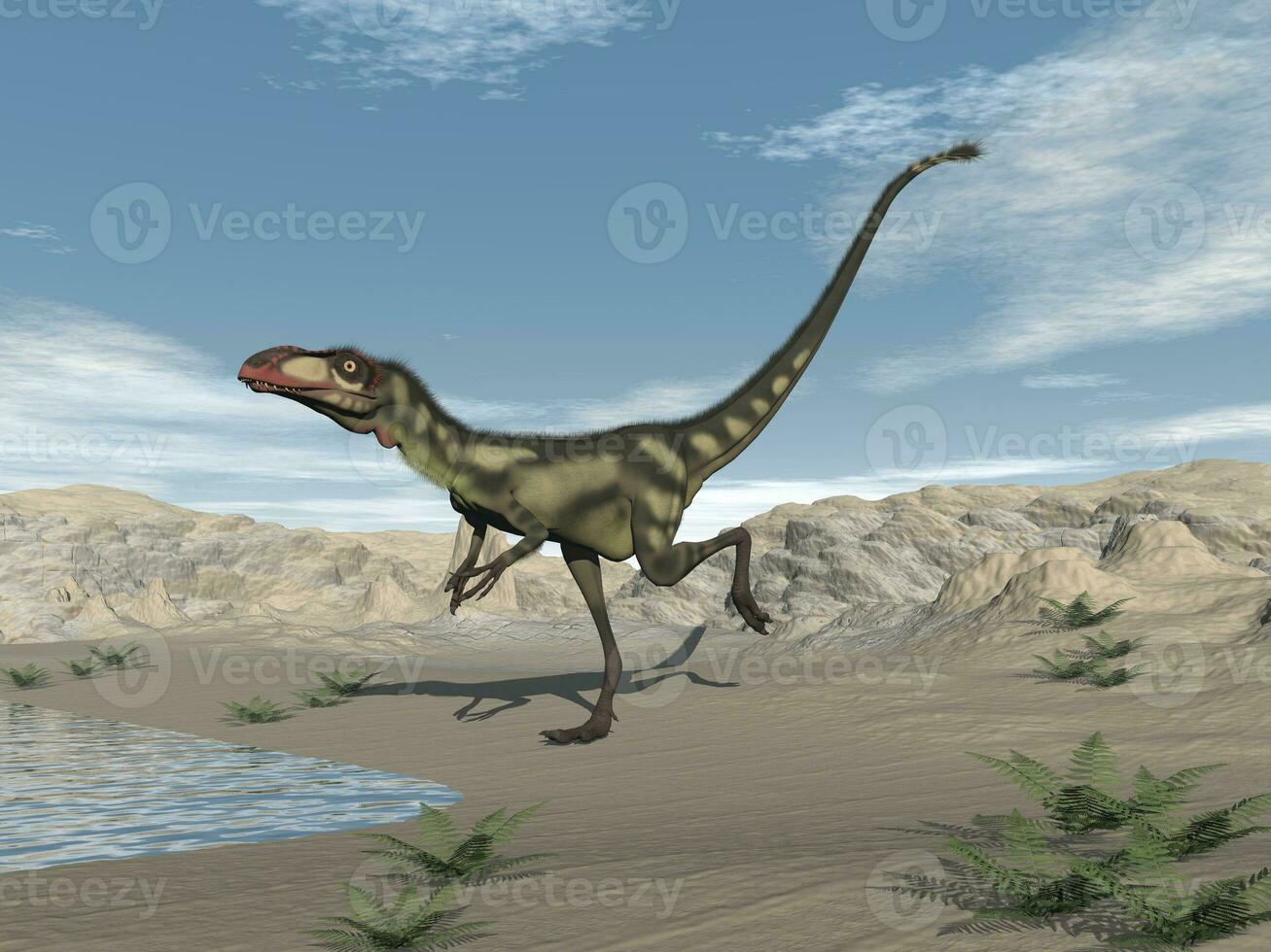 Dilong dinosaur in the desert - 3D render photo