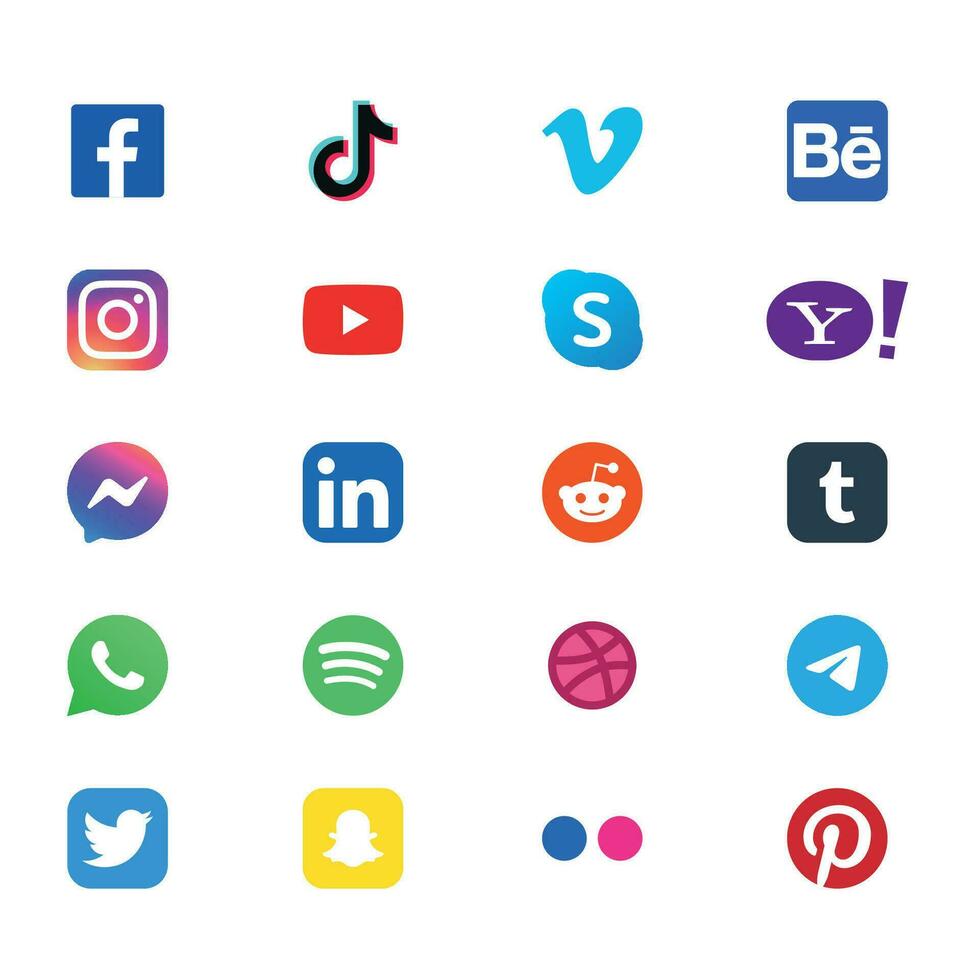 Social media logo icons set vector. Facebook Instagram Messenger WhatsApp Twitter Pinterest Youtube LinkedIn Spotify Snapchat Tumblr Vimeo Skype Dribble Telegram - Zurich, Switzerland, 26.06.23. vector