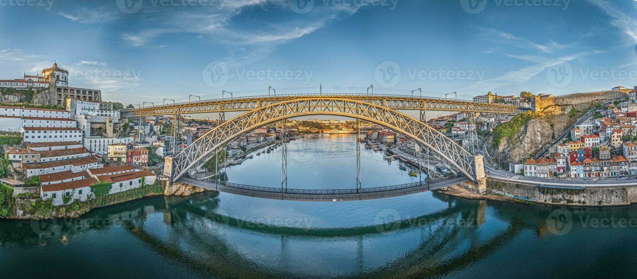 Drone panorama over the city of Porto and the Douro River at sunrise photo