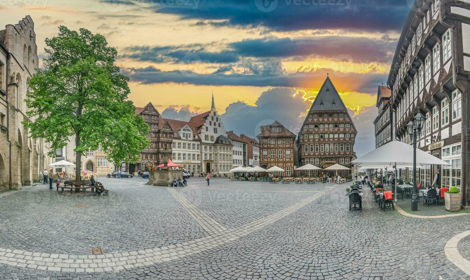 Panoramic view over market place of German historical city Hildesheim in evening photo