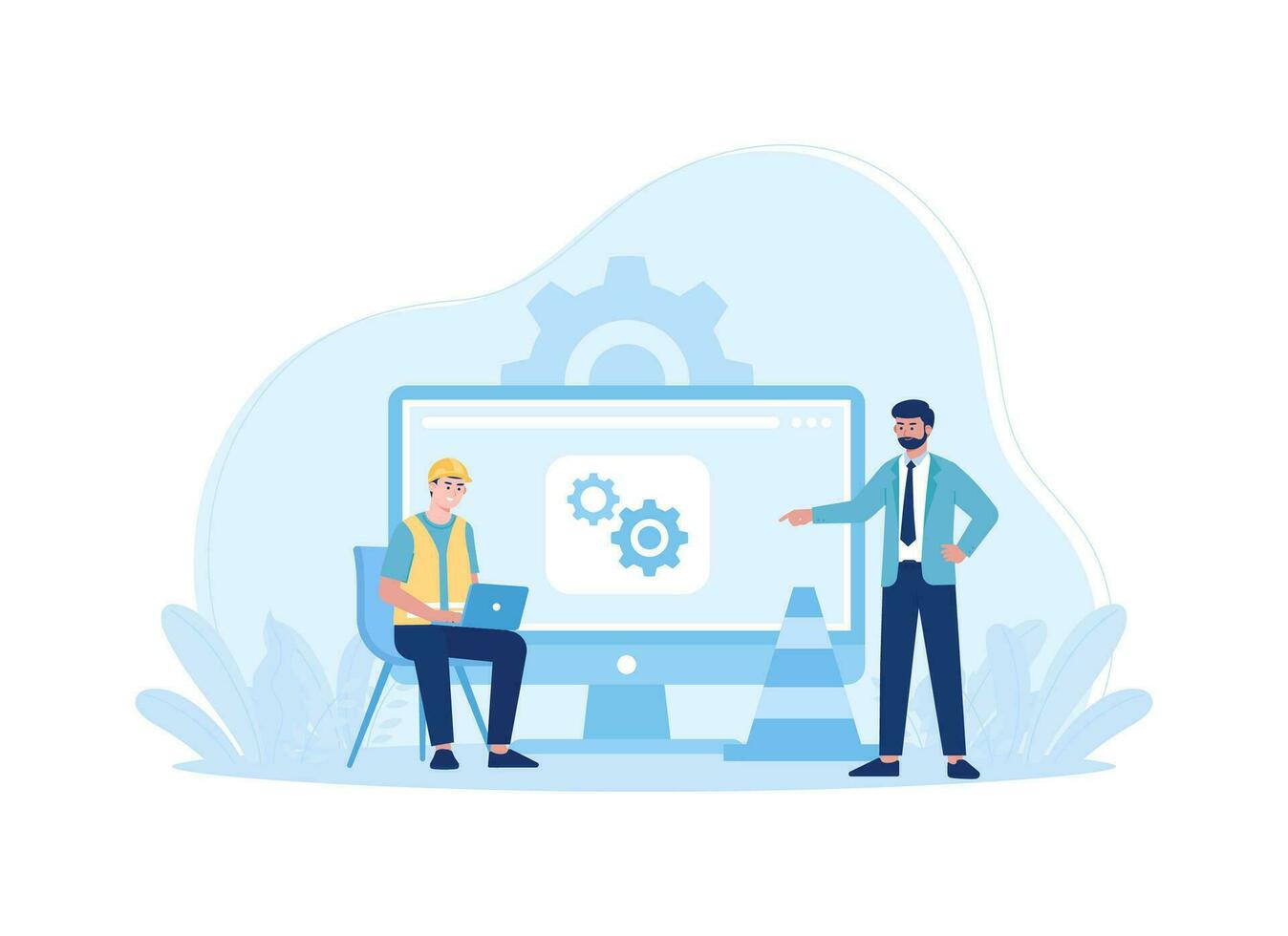 Technical support guy working on repairing a computer hardware and software concept flat illustration vector