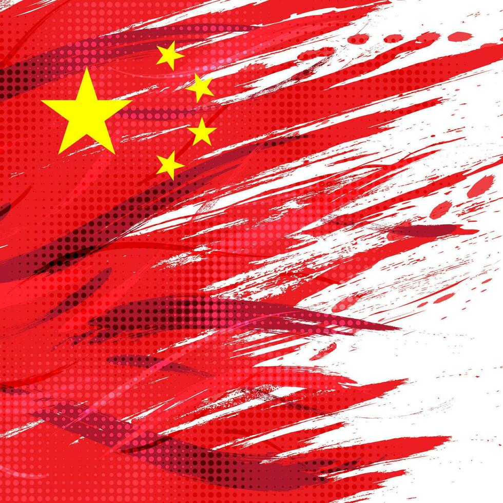 Flag of China with Brush Paint Style and Halftone Effect. China National  in Grunge Brush Stroke Concept Isolated on White Background vector