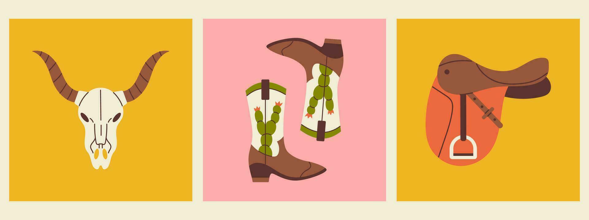 Vector set of western illustration. Retro square posters with cowboy boots, cow skull and saddle. Wild west and Texas concept.