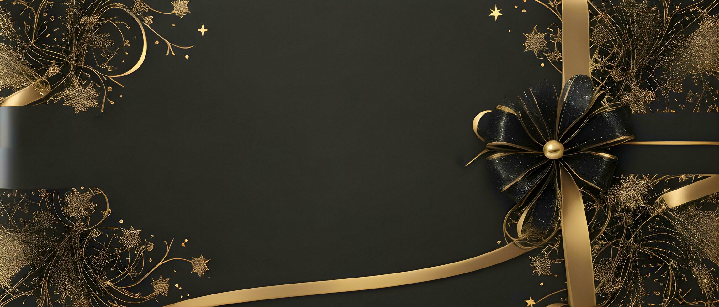 an elegant Christmas greetings banner with golden swirl ribbons gracefully winding around shining stars on a rich black background photo