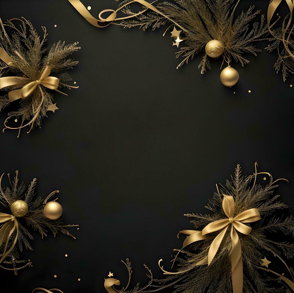 an elegant Christmas greetings banner with golden swirl ribbons gracefully winding around shining stars on a rich black background photo