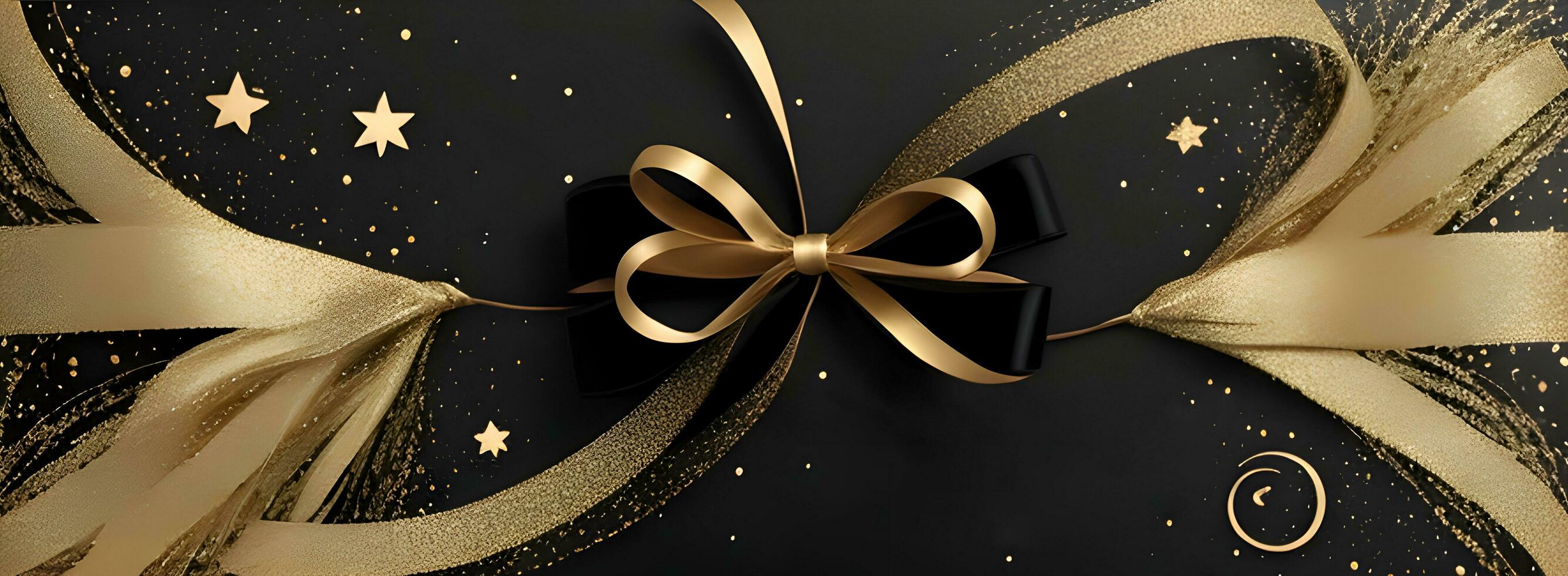 an elegant Christmas greetings banner with golden swirl ribbons gracefully winding around shining stars on a rich black background photo