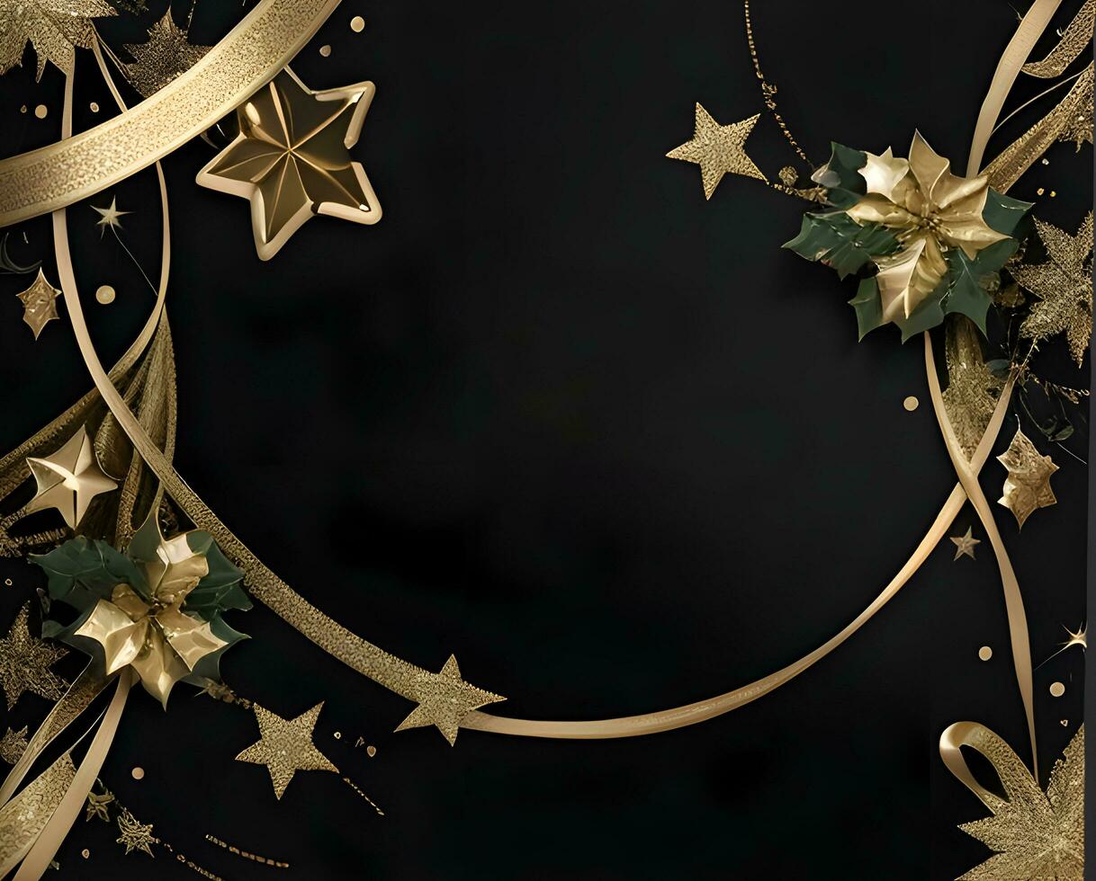 un elegante Navidad saludos bandera con dorado remolino cintas graciosamente devanado alrededor brillante estrellas en un Rico negro antecedentes foto