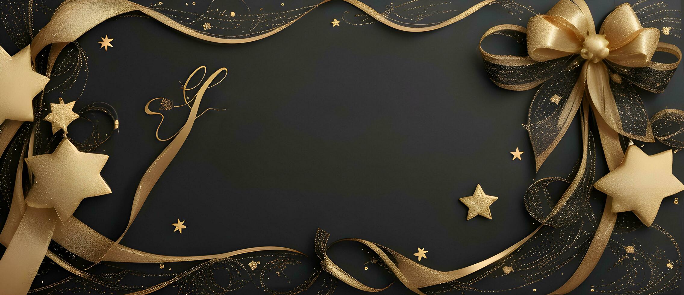 an elegant Christmas greetings banner with golden swirl ribbons gracefully winding around shining stars on a rich black background photo