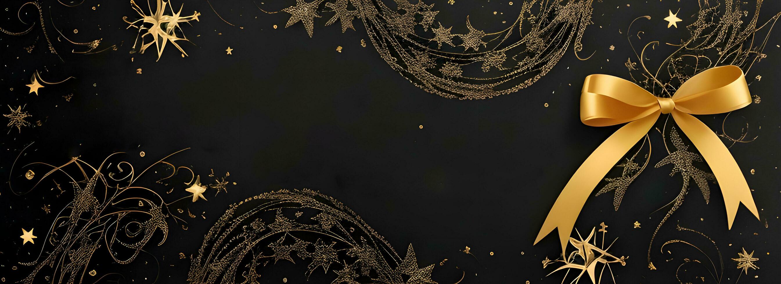 an elegant Christmas greetings banner with golden swirl ribbons gracefully winding around shining stars on a rich black background photo