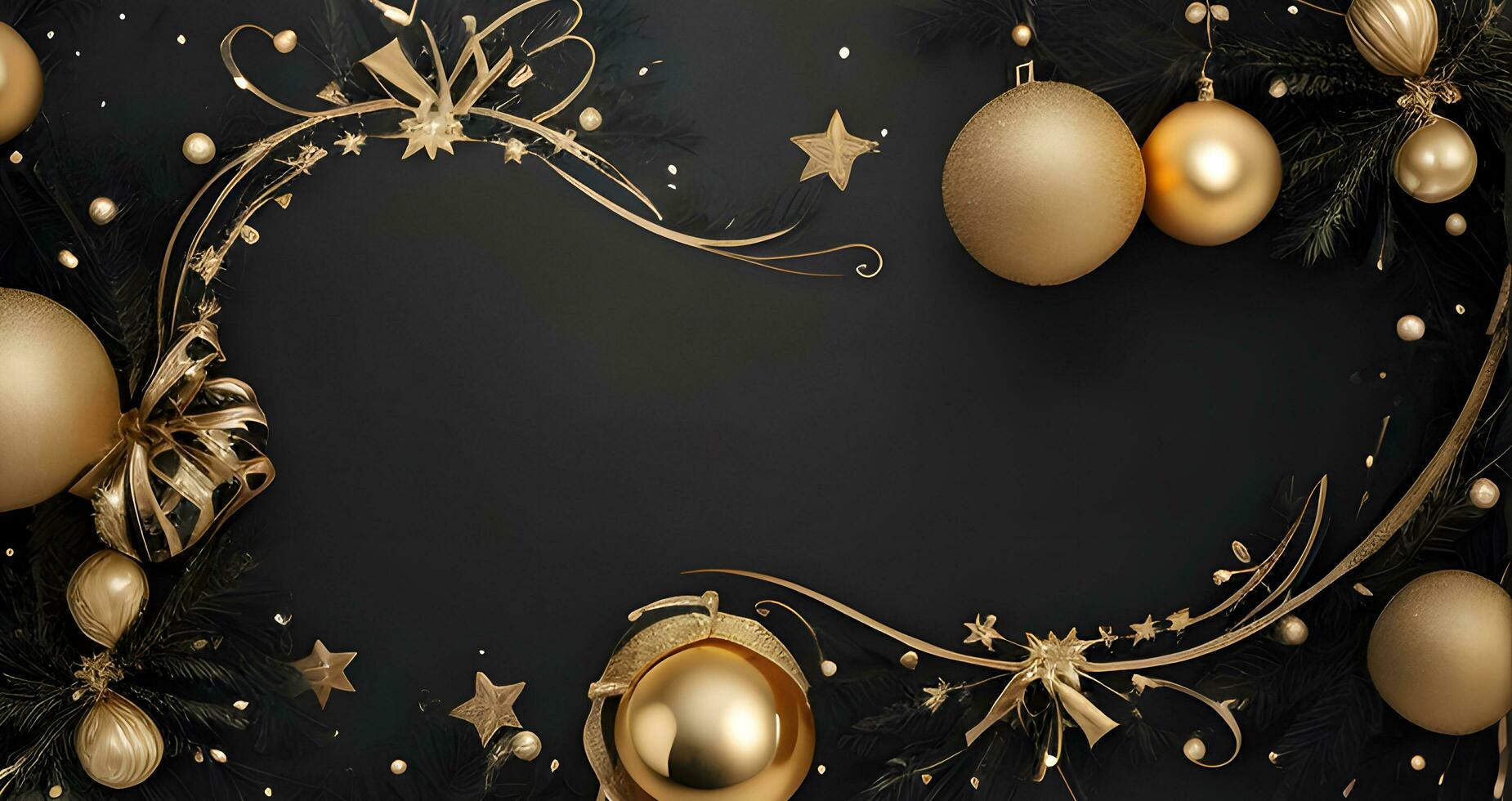 an elegant Christmas greetings banner with golden swirl ribbons gracefully winding around shining stars on a rich black background photo