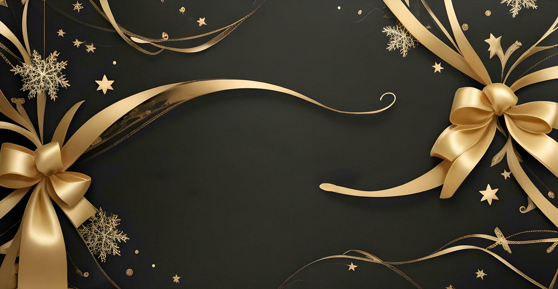 an elegant Christmas greetings banner with golden swirl ribbons gracefully winding around shining stars on a rich black background photo