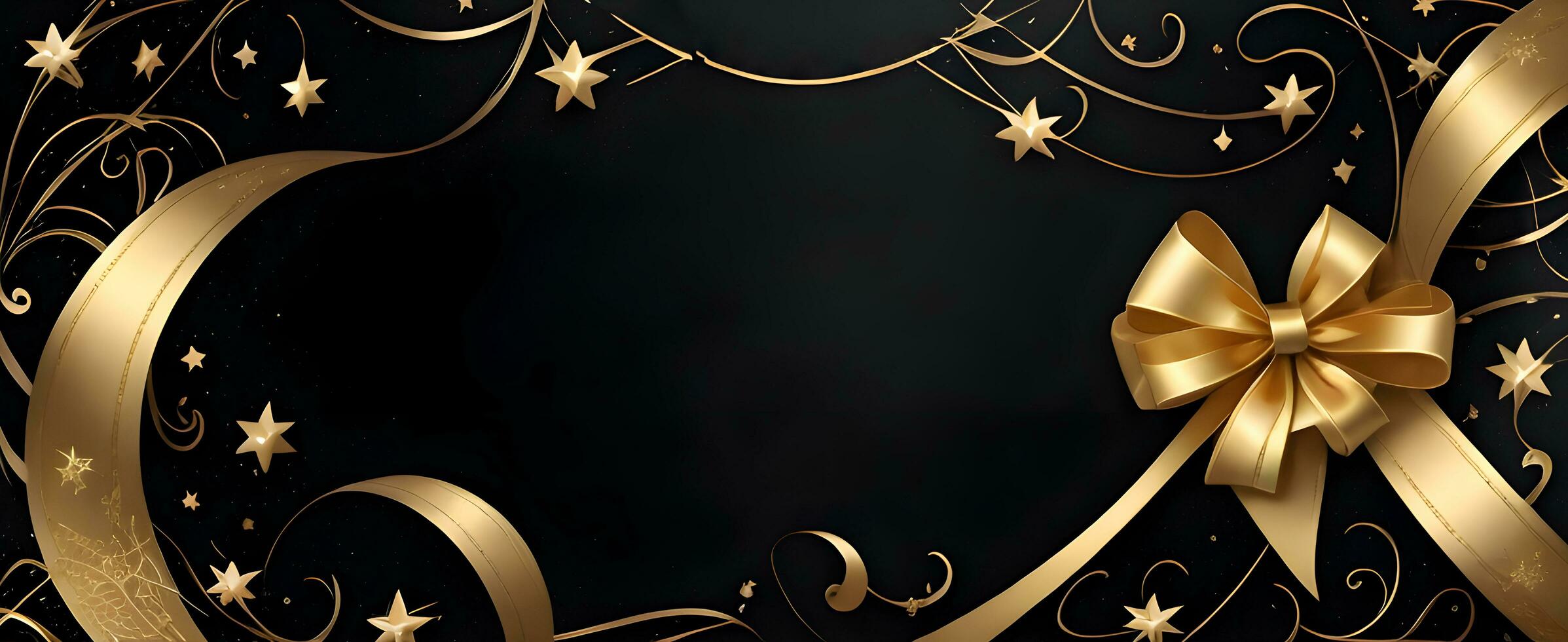 un elegante Navidad saludos bandera con dorado remolino cintas graciosamente devanado alrededor brillante estrellas en un Rico negro antecedentes foto