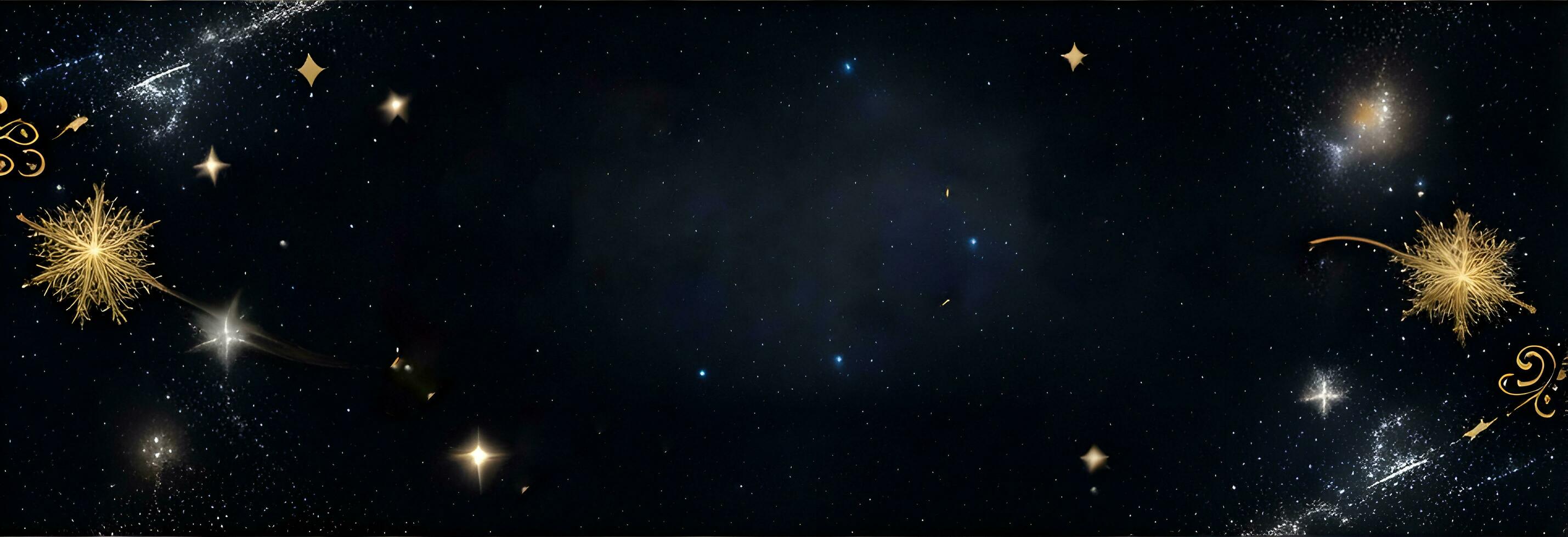 cosmic-themed Christmas greetings banner with swirling galaxy-like ribbons and sparkling stars against a deep black canvas photo