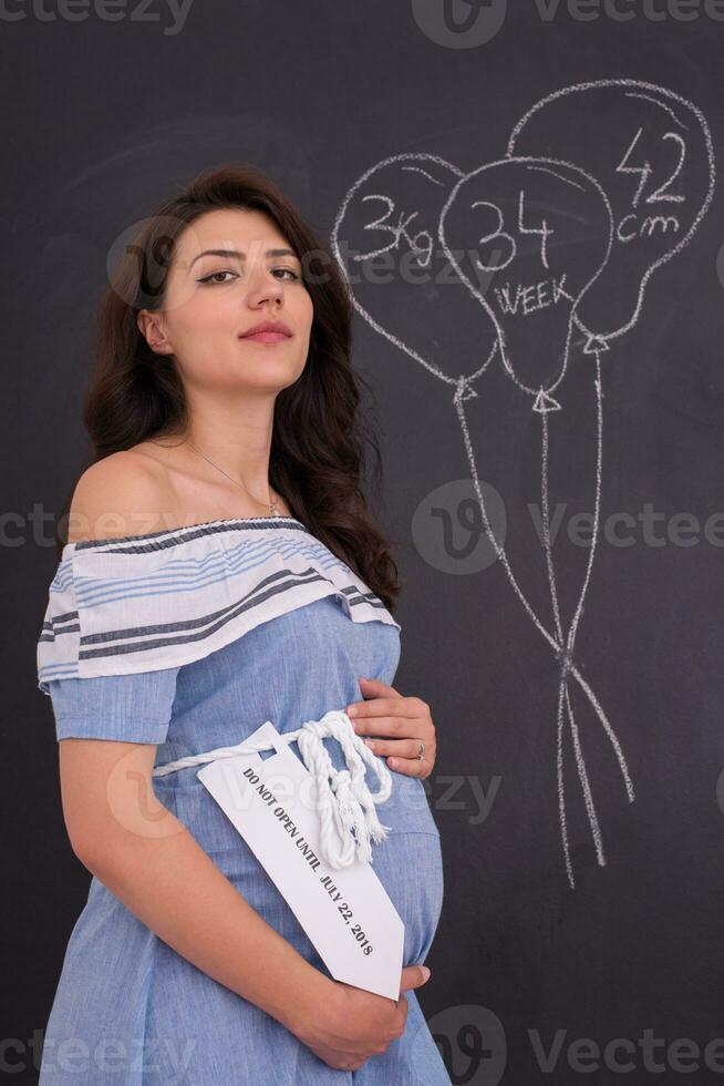 Portrait of pregnant woman in front of black chalkboard photo