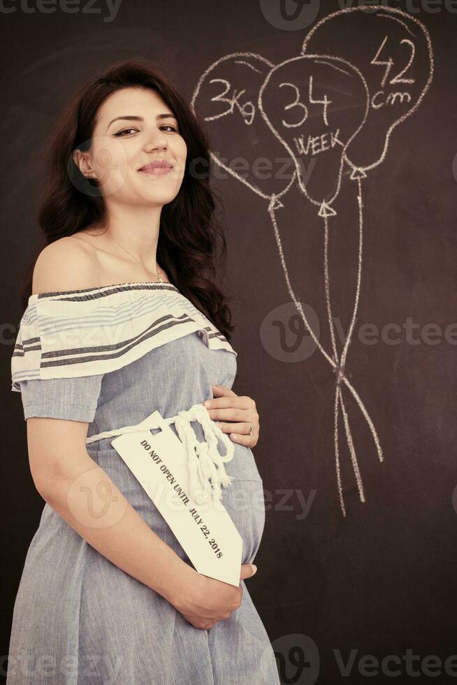 Portrait of pregnant woman in front of black chalkboard photo