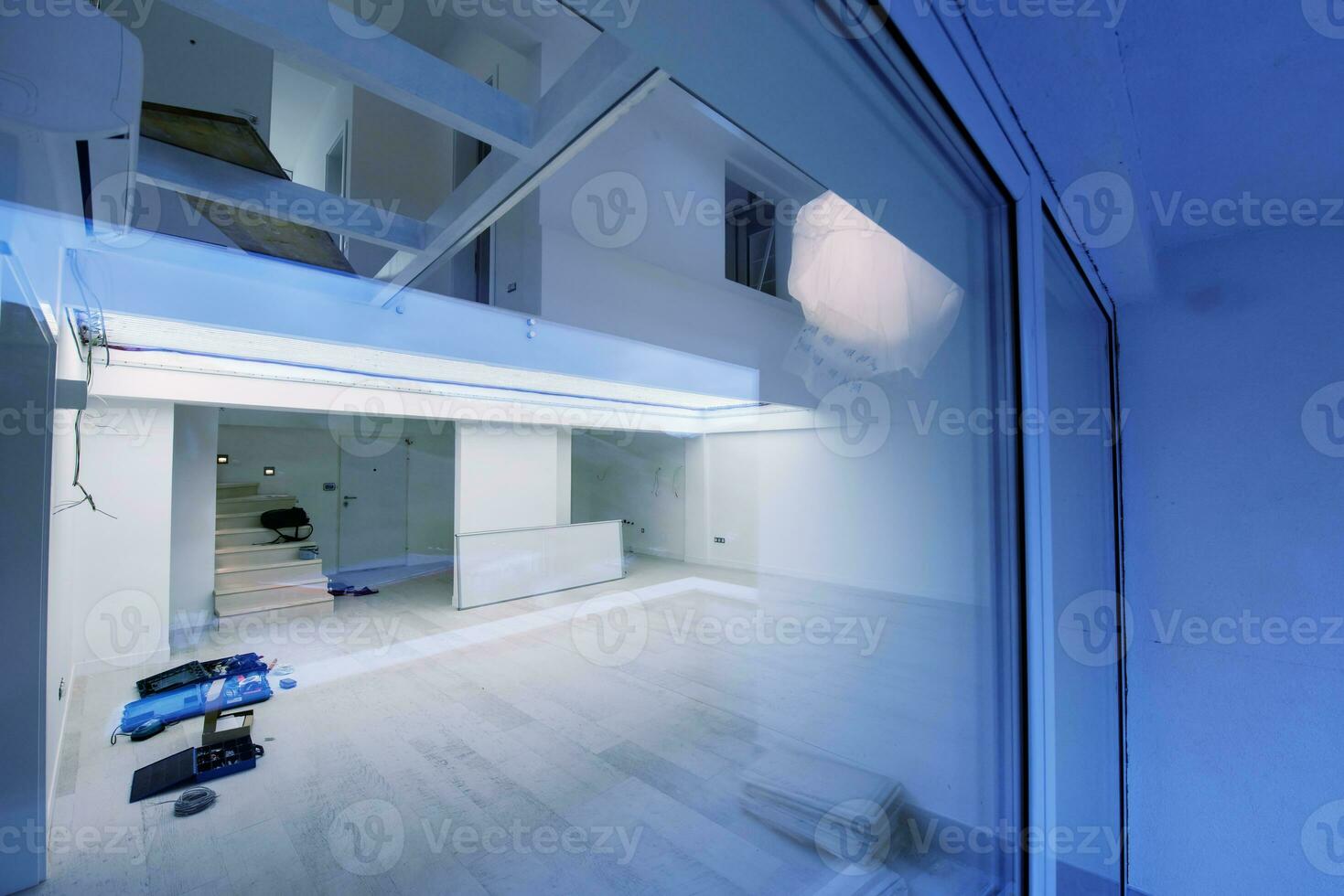outside view trough window on two level apartment interior photo