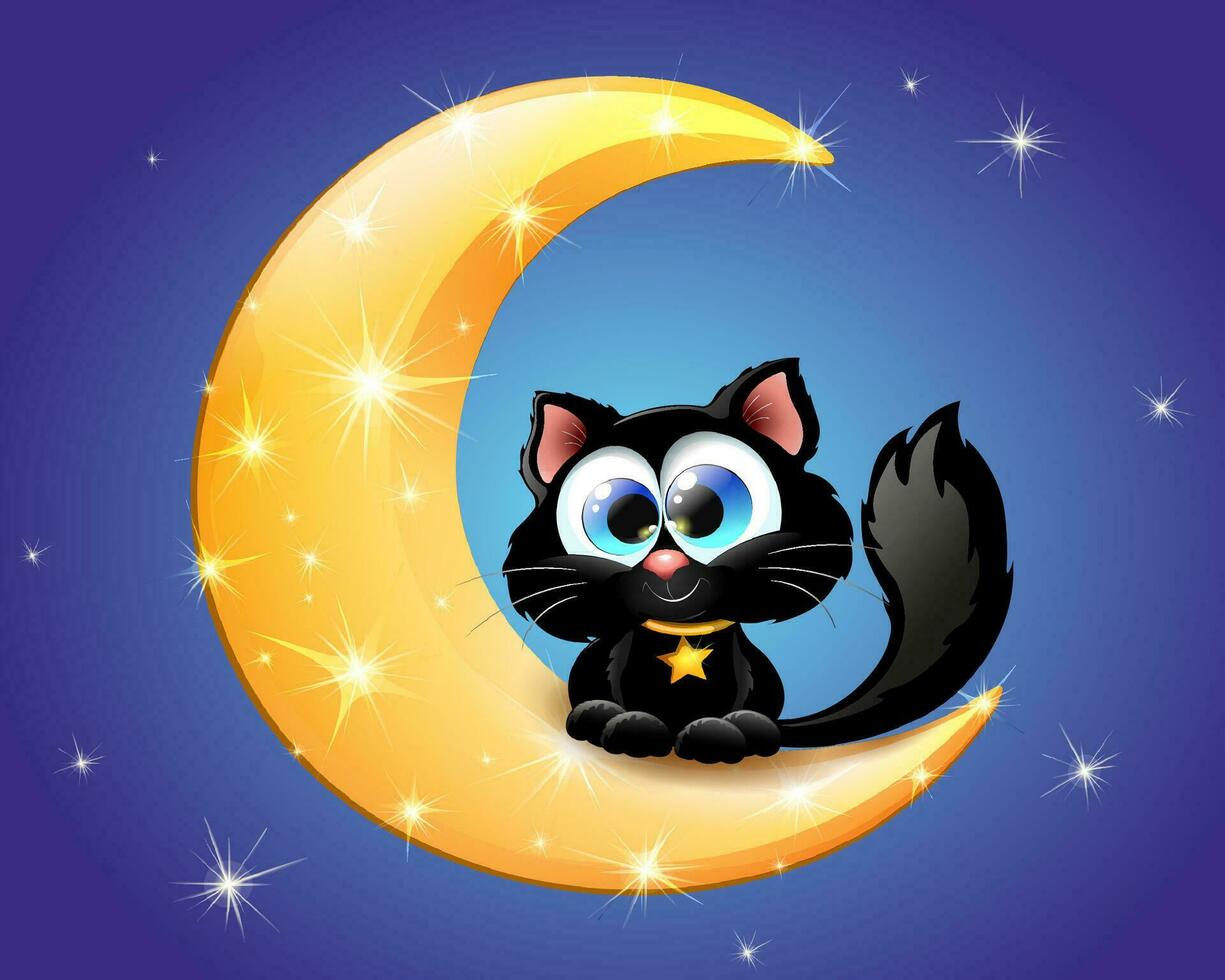 Cartoon cute funny black cat on the shining golden Moon with  golden star shape necklace vector