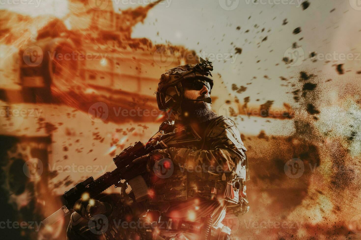 War concept. A bearded soldier in a special forces uniform fighting an enemy in a forest area. Selective focus photo