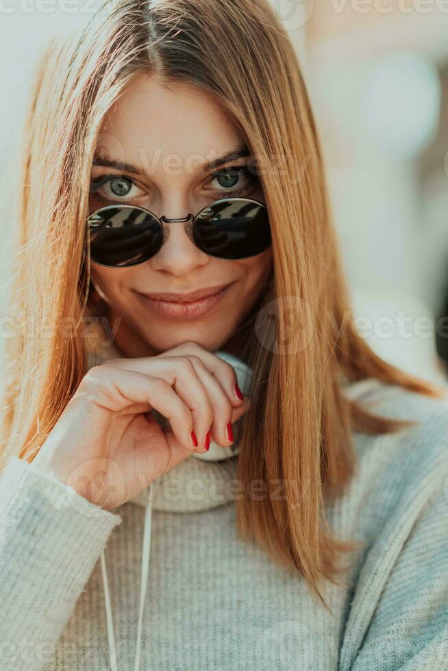 a modern girl with sunglasses walking down the street listens to music in headphones. photo