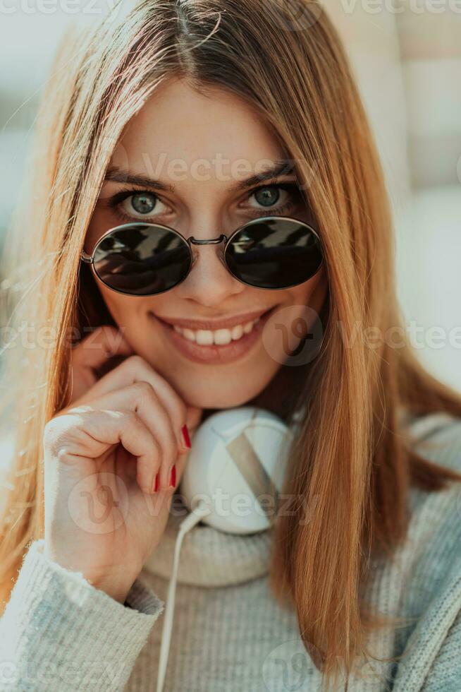 a modern girl with sunglasses walking down the street listens to music in headphones. photo