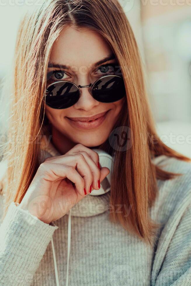 a modern girl with sunglasses walking down the street listens to music in headphones. photo