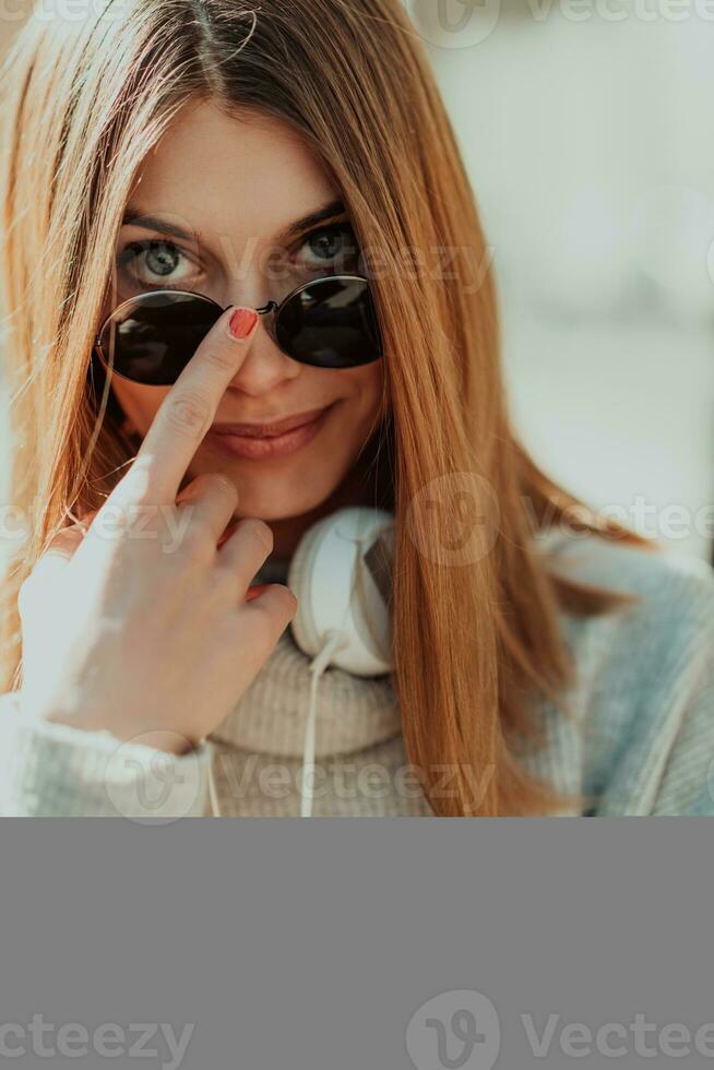 una chica moderna con gafas de sol caminando por la calle escucha música con auriculares. foto