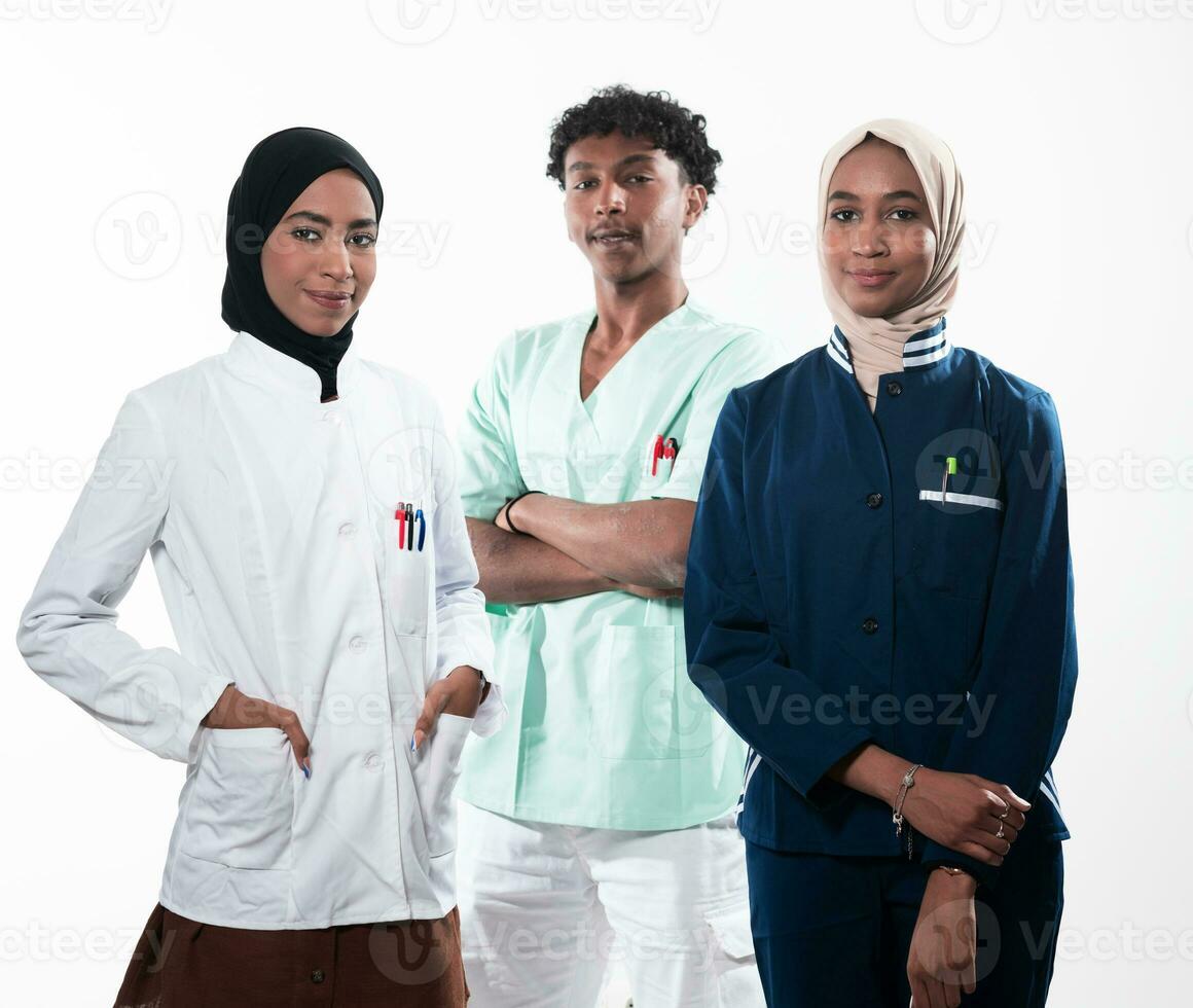 Closeup front view of group of mixed age doctors and nurses standing side by side and looking at the camera. Young Middle Eastern female in a team with African American male doctor. photo