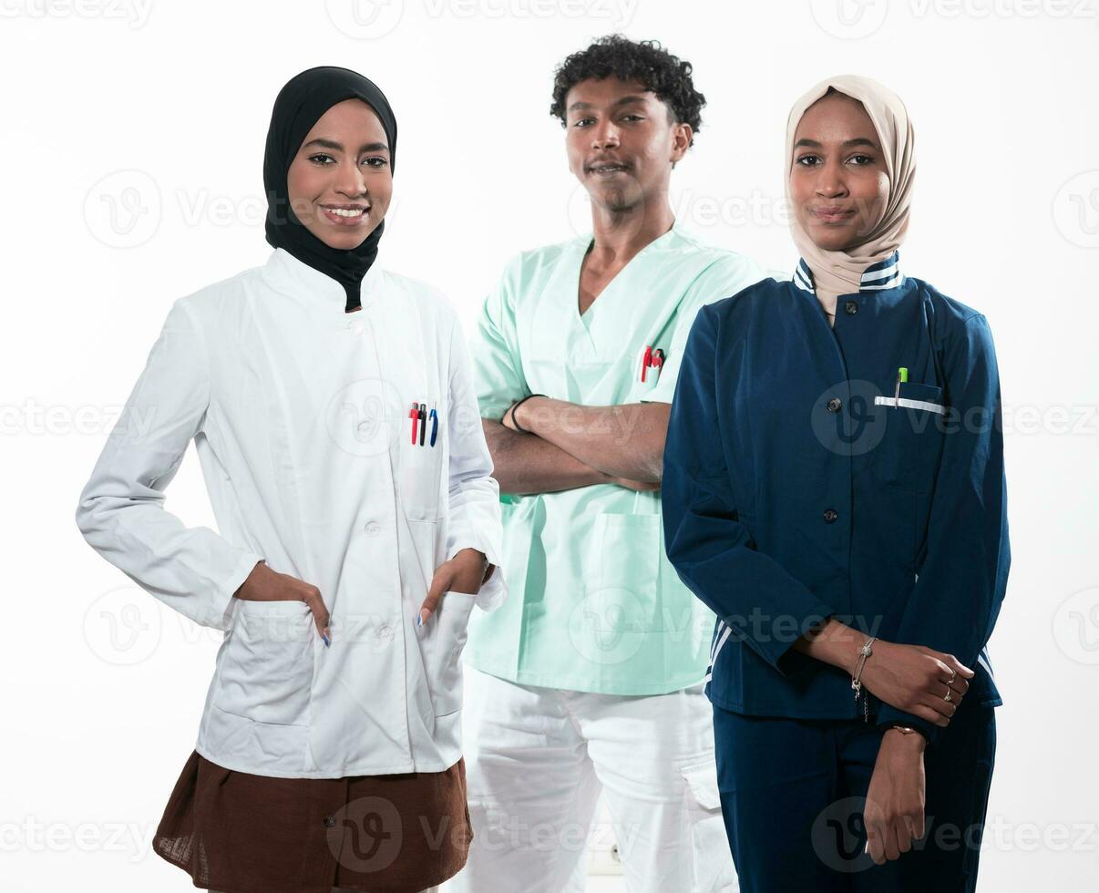 Closeup front view of group of mixed age doctors and nurses standing side by side and looking at the camera. Young Middle Eastern female in a team with African American male doctor. photo