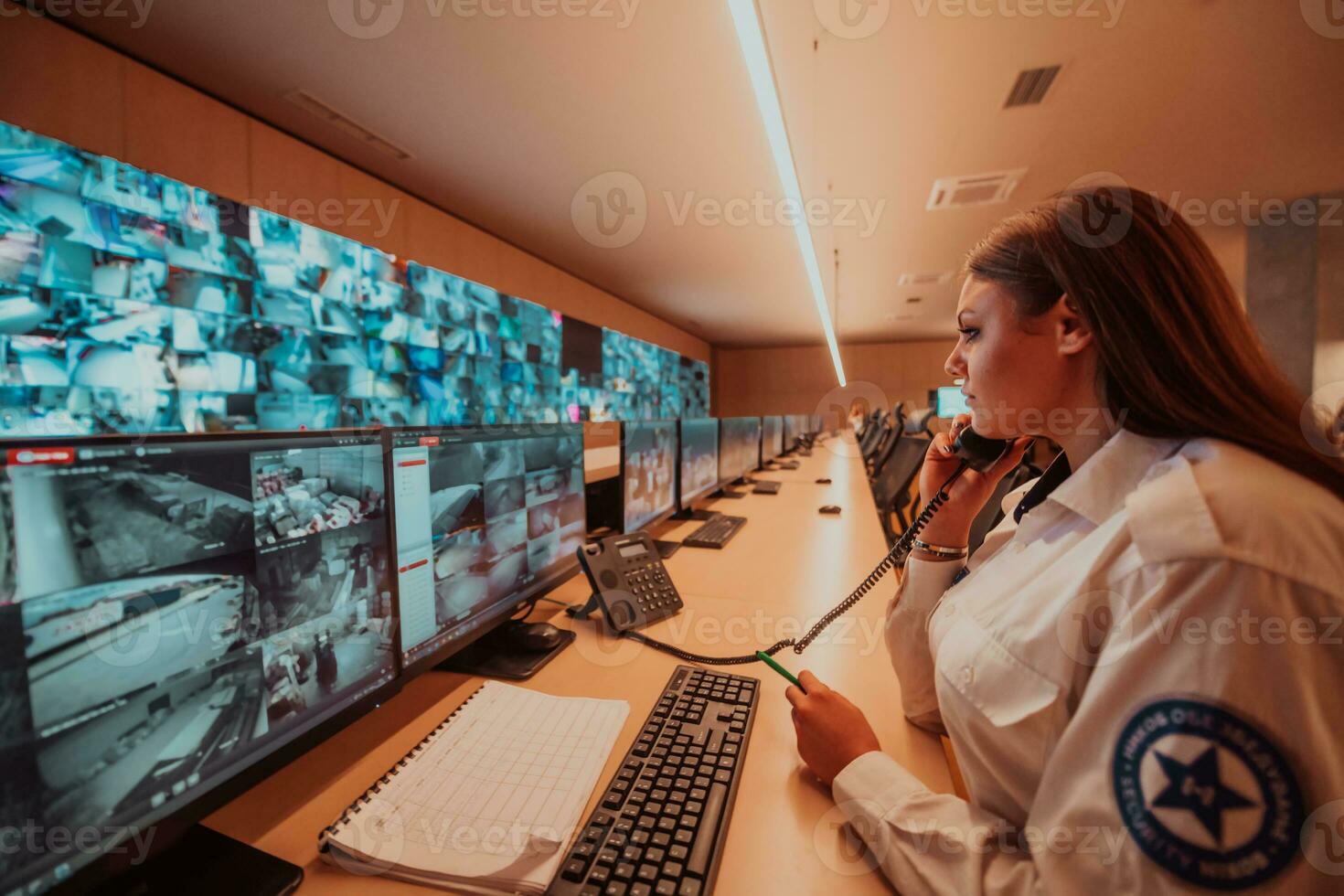 Female security guard operator talking on the phone while working at workstation with multiple displays Security guards working on multiple monitors photo