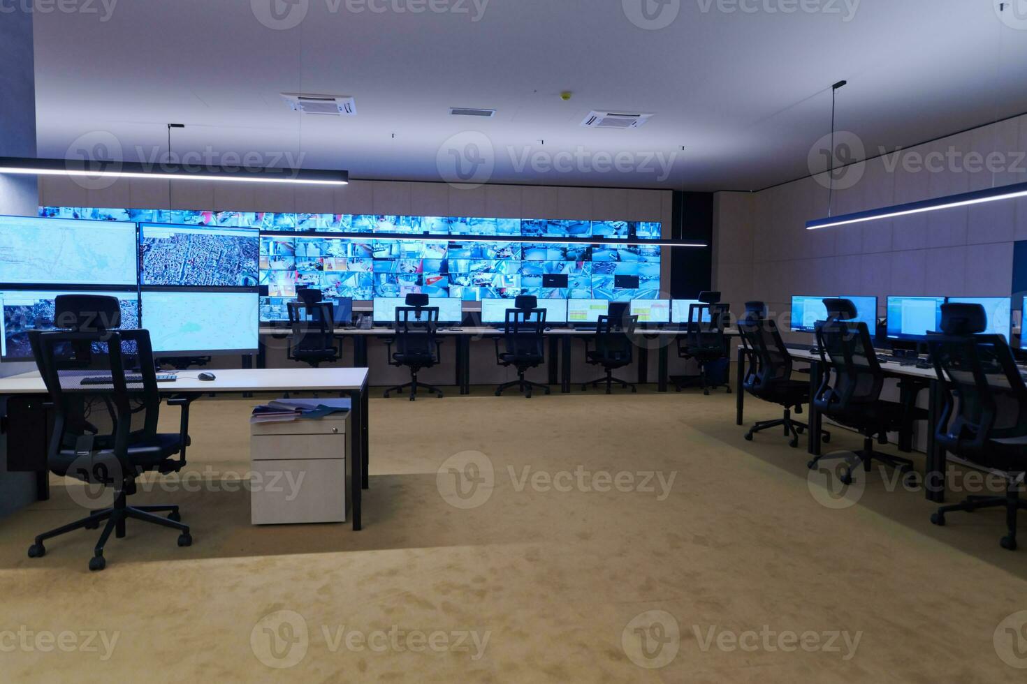 Empty interior of big modern security system control room photo