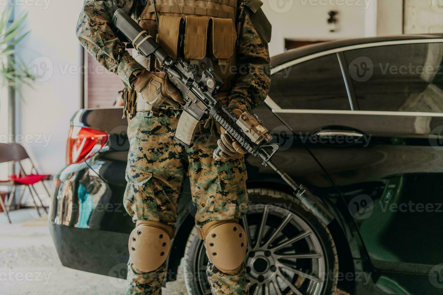 American marine corps special operations soldier preparing tactical and commpunication gear for action battle closeup photo