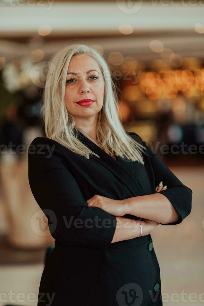 Portrait of business senior woman with crossed arms standing in modern corporation. Selective focus photo