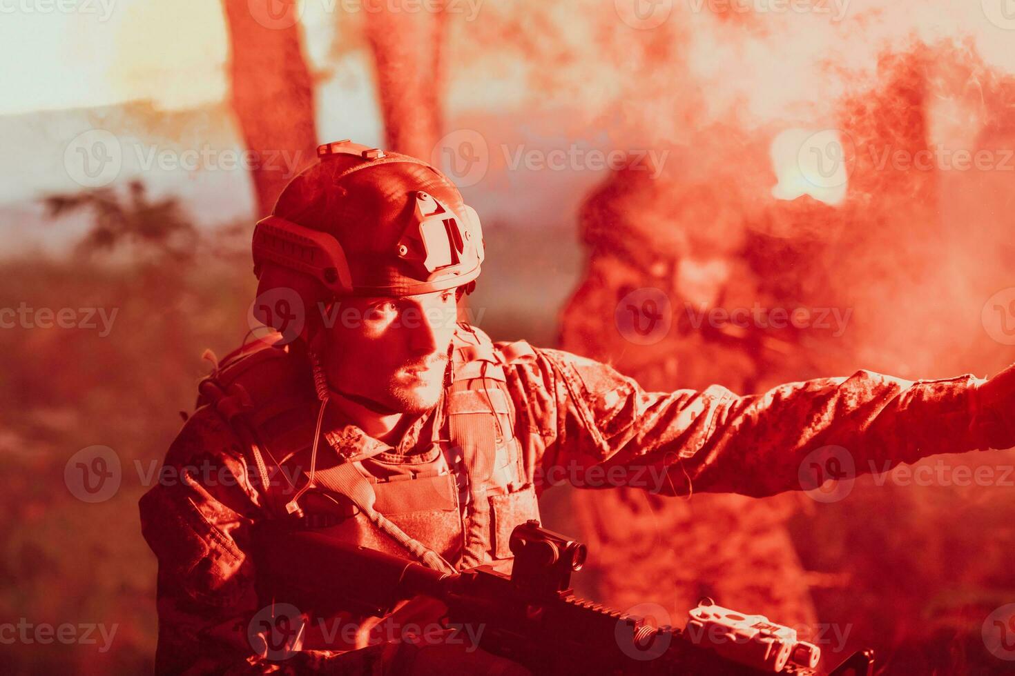 Soldiers team in action on night mission militery concept photo