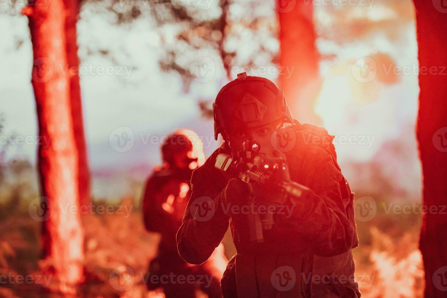 Soldiers team in action on night mission militery concept photo