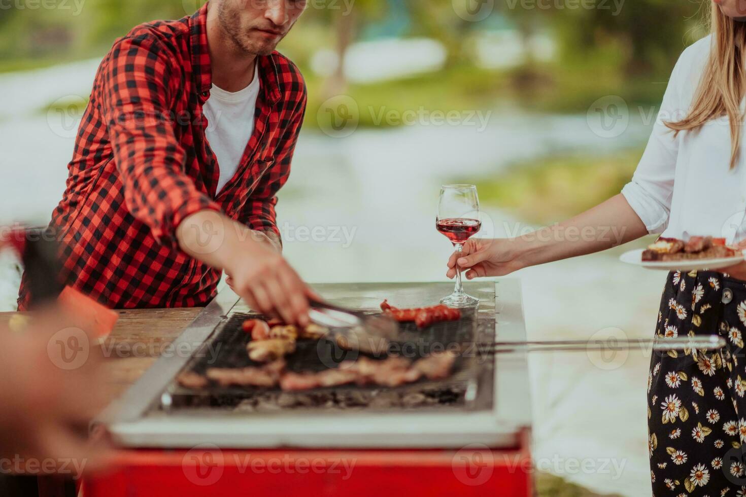 Happy couple toasting red wine glass while having picnic french dinner party outdoor during summer holiday vacation near the river at beautiful nature photo