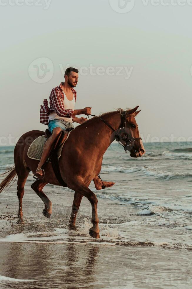 un hombre moderno con ropa de verano disfruta montando a caballo en una hermosa playa de arena al atardecer. enfoque selectivo foto