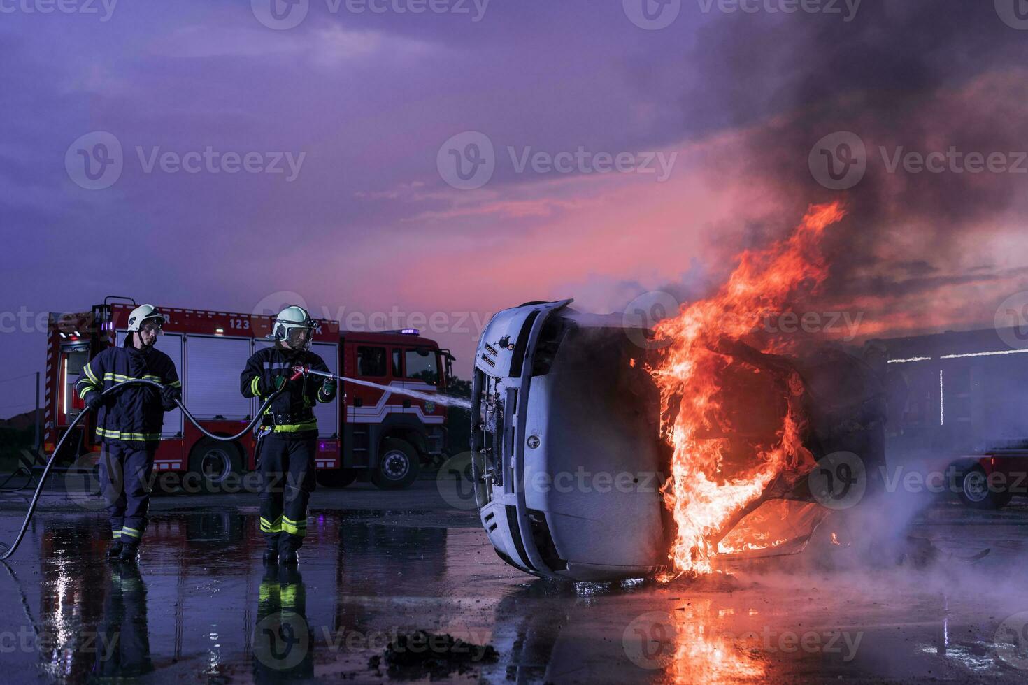 bomberos utilizando agua fuego extintor a luchando con el fuego fuego en coche accidente. bombero industrial y público la seguridad concepto rescate en noche. foto