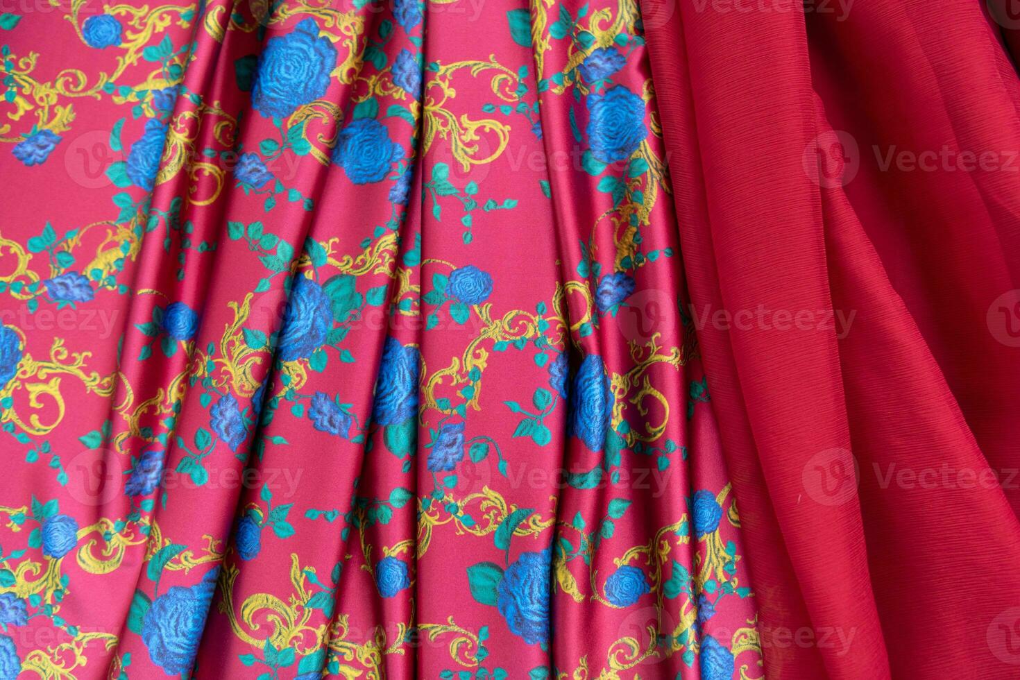Collection of fashionable fabrics. Samples of different natural fabrics for sewing a fashion collection of clothes. Large selection of fabrics in the store or tailor warehouse. photo