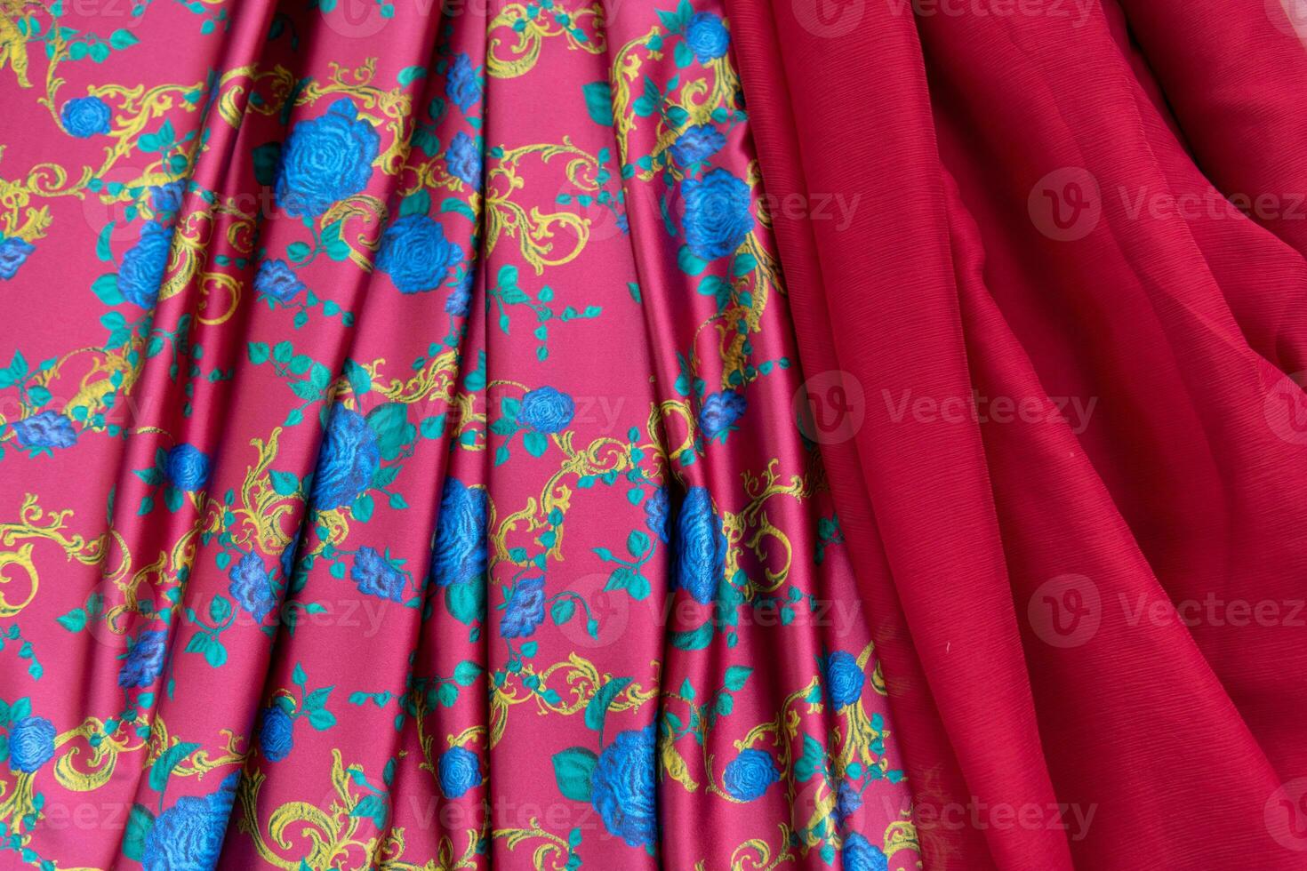 Collection of fashionable fabrics. Samples of different natural fabrics for sewing a fashion collection of clothes. Large selection of fabrics in the store or tailor warehouse. photo