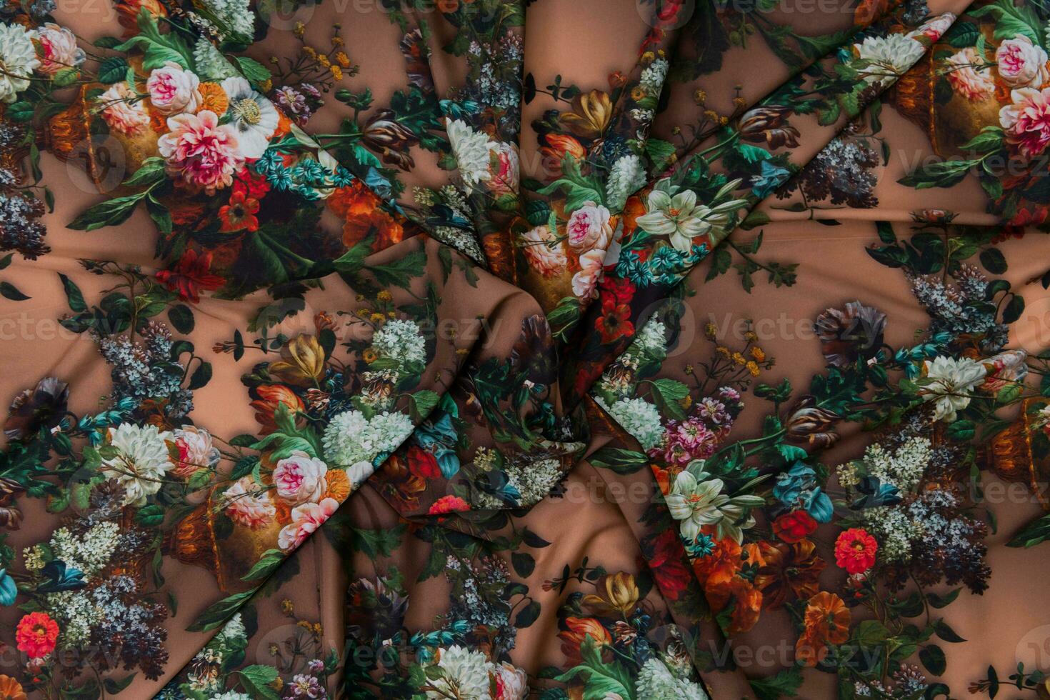 Collection of fashionable fabrics. Samples of different natural fabrics for sewing a fashion collection of clothes. Large selection of fabrics in the store or tailor warehouse. photo