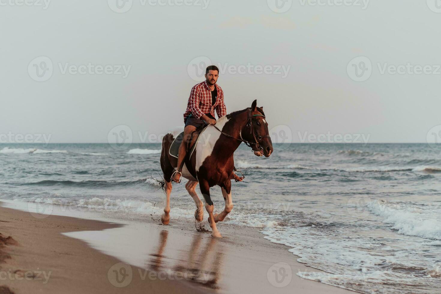 A modern man in summer clothes enjoys riding a horse on a beautiful sandy beach at sunset. Selective focus photo