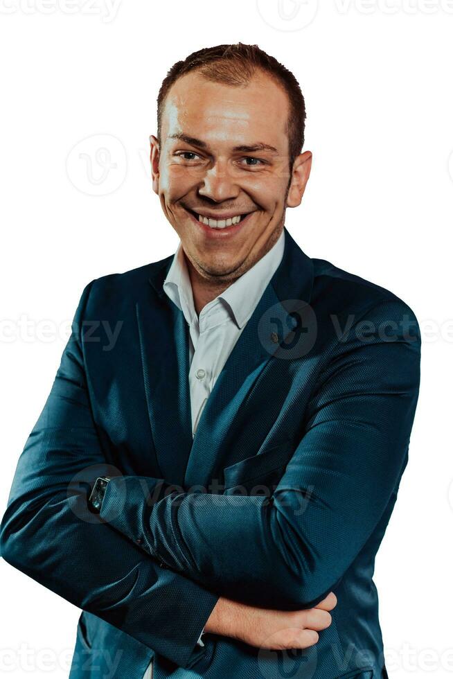 Good-looking middle-aged businessman with arms crossed isolated in white background photo