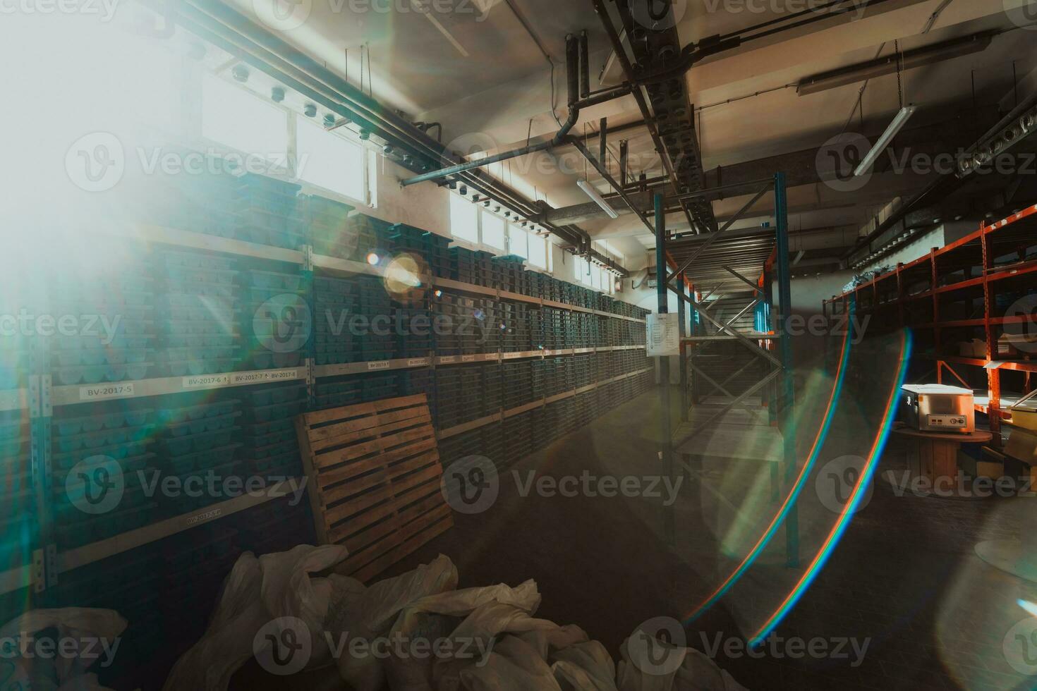 Gold mining storage rock core samples geology drilling industy. Large ore warehouse in modern industry, ores stacked in boxes. Selective focus photo