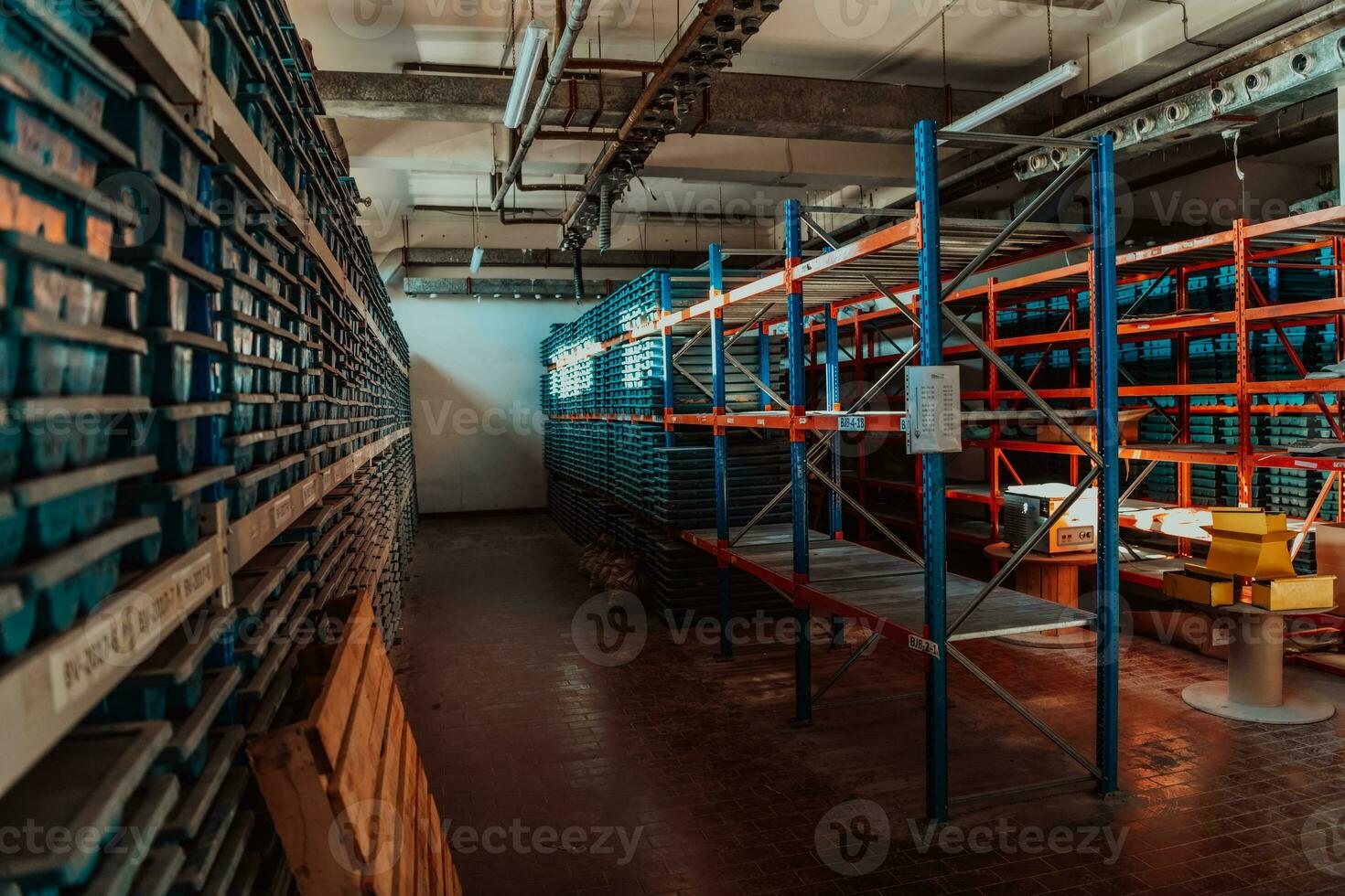 Gold mining storage rock core samples geology drilling industy. Large ore warehouse in modern industry, ores stacked in boxes. Selective focus photo