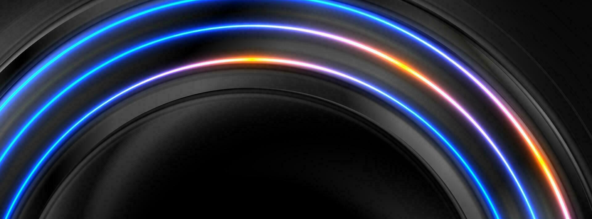 Hi-tech abstract black glossy circles with blue orange neon lights vector