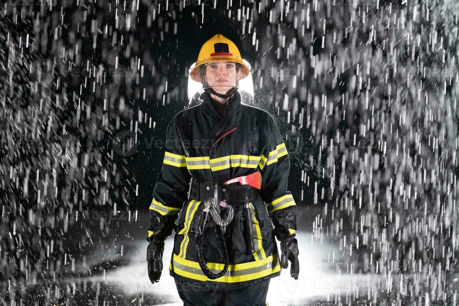 Portrait of a female firefighter standing and walking brave and optimistic. photo