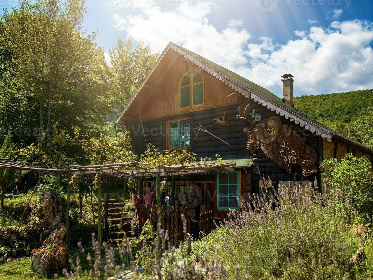 de madera cabaña casa tradicional natural en el bosque con jardín foto