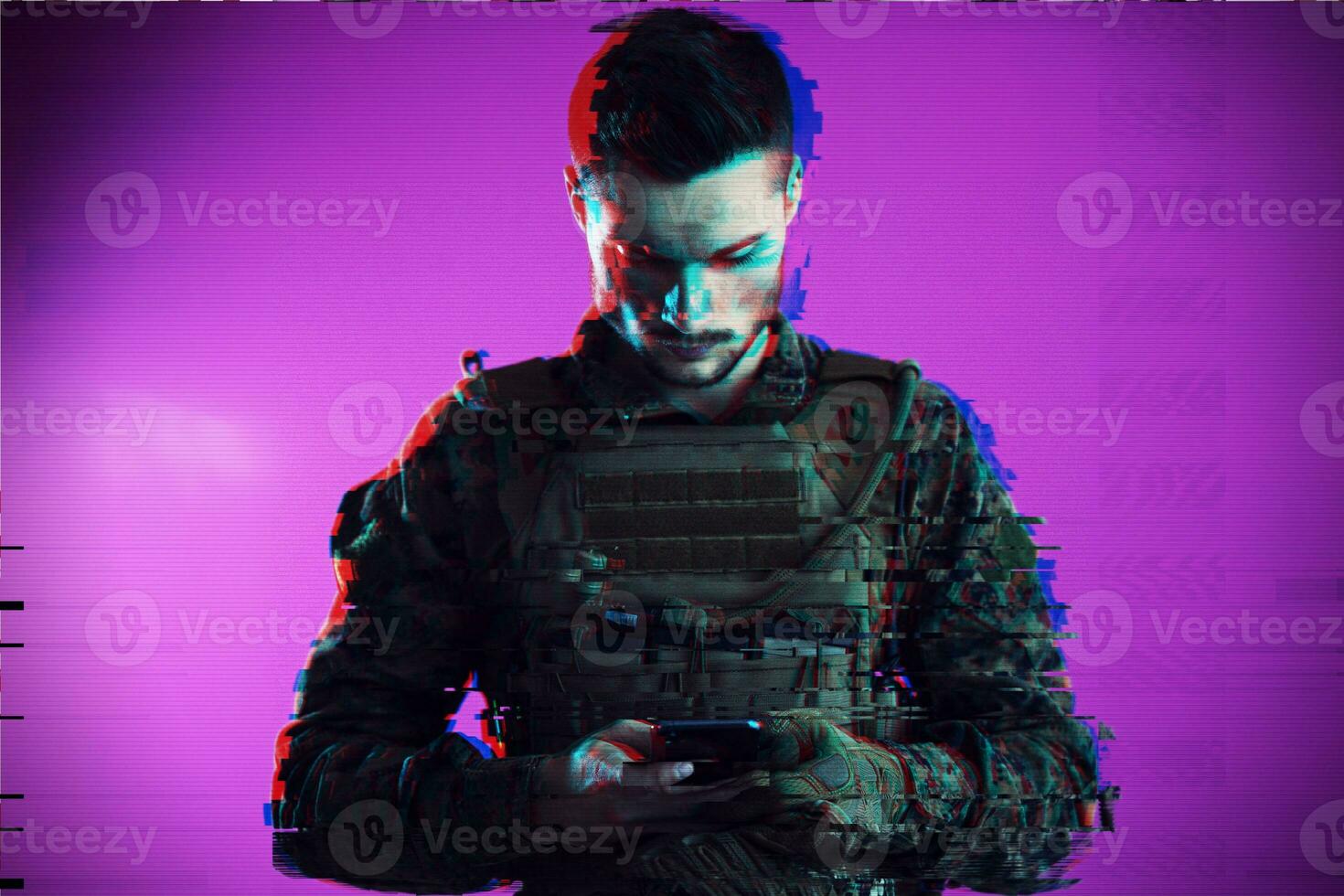 soldier using smartphone glitch photo
