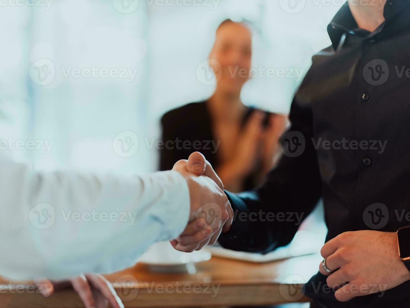 Business people or lawyers shaking hands finishing up meeting or negotiation in sunny office. photo